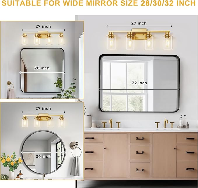 L LOHAS LED Gold Bathroom Light Fixtures with Clear Glass Shade, 4 Light Vanity Lights for Bathroom, Vanity Lights for Mirror Bedroom Hallway