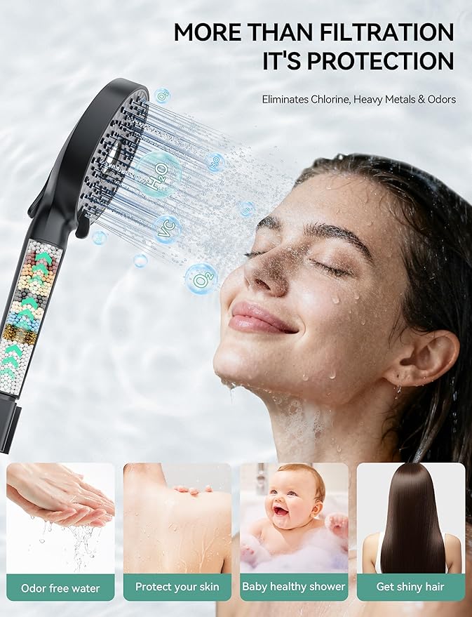 Magichome Shower Head with Handheld, High Pressure 10-Spd Detachable Chrome Showerhead with Stainless Hose,- Remove Chlorine, Black