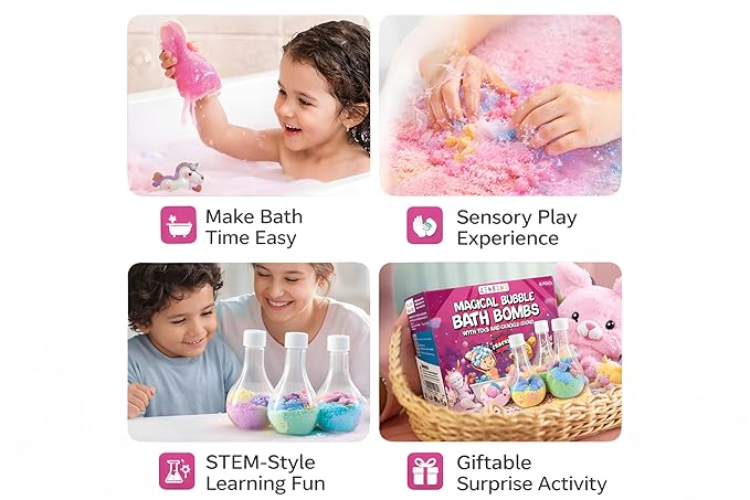 Kids Bath Bombs Powder with Mini Unicorn Inside – Bubble Bath for Kids – Bathtime Experiment Kit Mix - Blast of Foam & Colour Surprise – Gift Set of 4