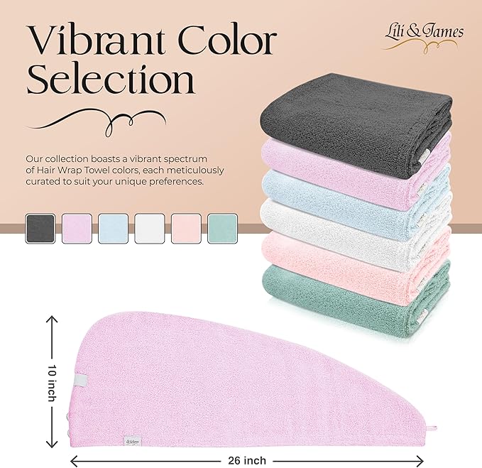Lili&James 100% Cotton Hair Towel Wrap for Women/Kids | Quick Dry, Soft & Absorbent 420 GSM Hair Wrap Towels with Double Button | Anti Frizz, Non Microfiber Hair Turbans for Curly, Long Hair (Lilac)