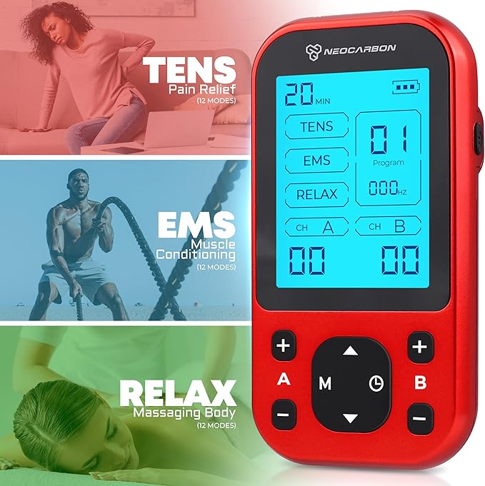 NEOCARBON TENS Unit Muscle Stimulator Pro for Back Pain Relief, Shoulder Recovery and Physical Therapy, Electronic EMS Massager Machine with PMS Pulse for Effective Shock Therapy, Red