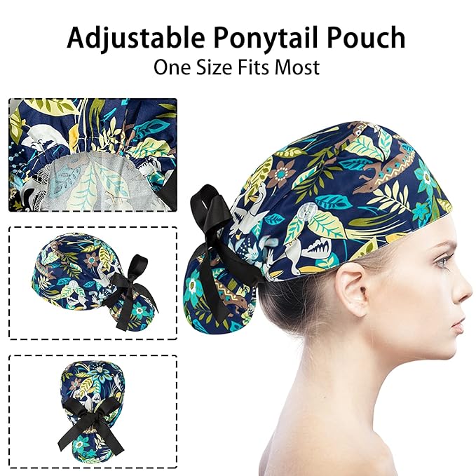 Scrub Caps Women Bouffant Scrub Caps, Adjustable Working Cap Ponytail Pouch Tie Back Shower Cap