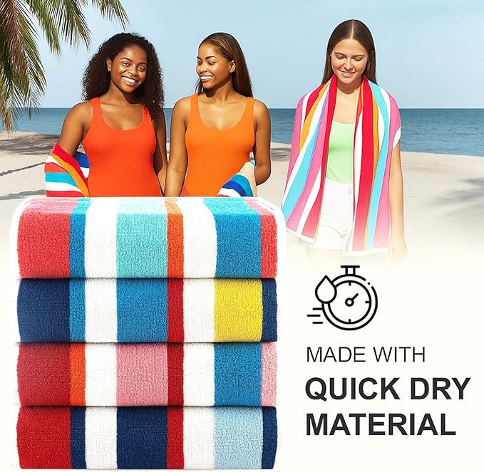 Casa Copenhagen Bora Bora Towels 4Pcs Yellow, Teal, Pink, Red Designer Stripe Beach Towels Gift Set, 30"x 60" Oversized 100% Cotton Pool Towels, Bath Towels for Beach (Summer Gift Set For Women & Men)