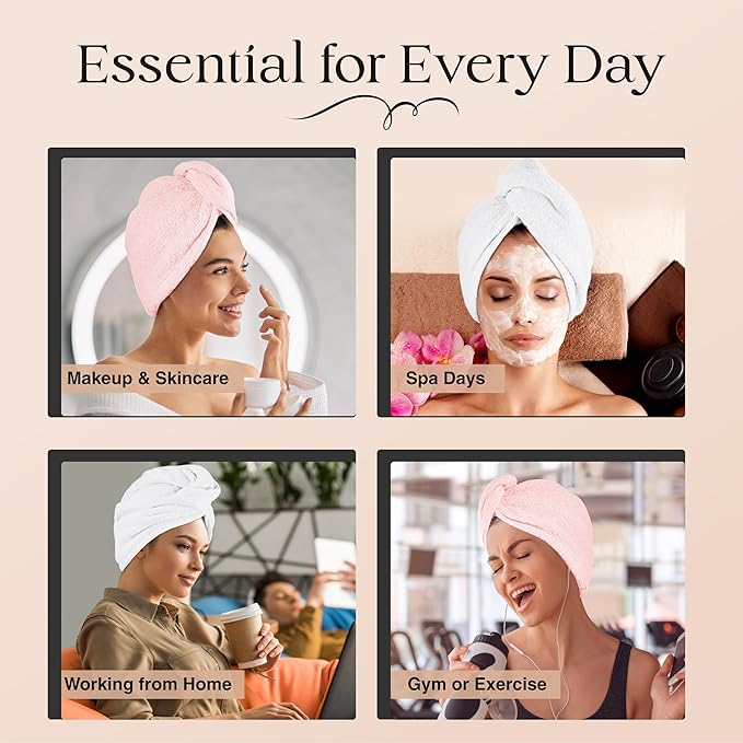 Lili&James Cotton Hair Towel Wrap for Women/Kids | Quick Dry, Soft & Absorbent 420-GSM Hair Wrap Towels with Double Button | Anti Frizz, Non Microfiber Hair Turbans for Curly, Long Hair (White+Pink)