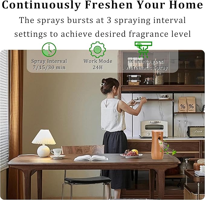 Automatic Air Freshener Spray Dispenser (8-Pack), Free Standing or Wall Mounted Adjustable Aromatherapy Machines for Home, Indoor, Bathrooms, Offices, Hotels and Commercial Places (Wood, 001)