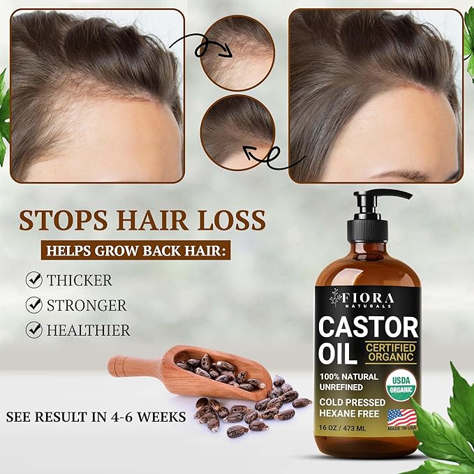 Organic Castor Oil in Glass Bottle – 16 Oz Cold Pressed & Hexane-Free – USDA Certified – Skin Moisturizer, Hair Growth Oil For Lashes, Brows, Skin & Scalp – with Pump