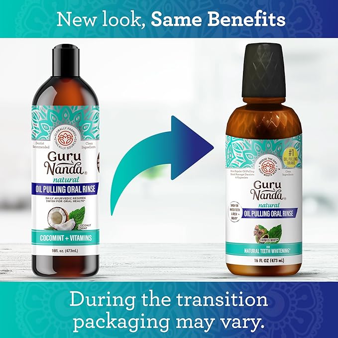 GuruNanda CocoMint Oil Pulling Mouthwash for Complete Oral Hygiene, 7 Essential Oils & Vitamins for Happy Teeth & Gums & Fresh Breath, Alcohol-Free, 16 oz (Pack of 2)