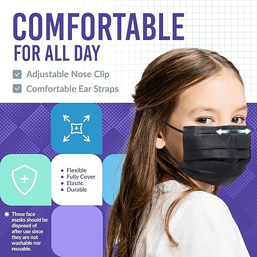 Medtecs Kids Face Mask Disposable - 2 Sizes Option (Child/Youth) 50 PCs - Comfy 3-Ply Breathable Children Masks, The Better Choice - Youth | Black