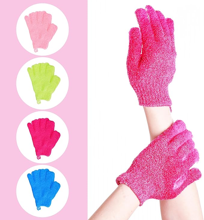 4 Pairs Bath Exfoliating Gloves Scrub, Double Sided Bath Mitts Scrubs for Shower, Exfoliating Shower Mitt Body Scrubber Glove, Bathing Accessories for Bath, Spa (Rose, Glass Green, Pink, Blue)