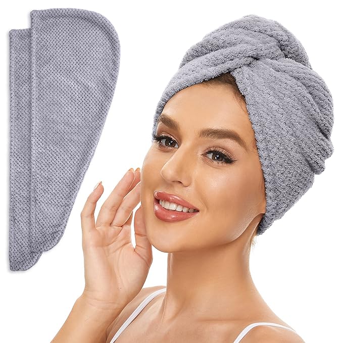 SimpleField 2 Pack Microfiber Hair Towel Wrap for Women, Anti Frizz Quick Drying Hair Turban for All Hair Style, Absorbent and Lightweight (Grey)