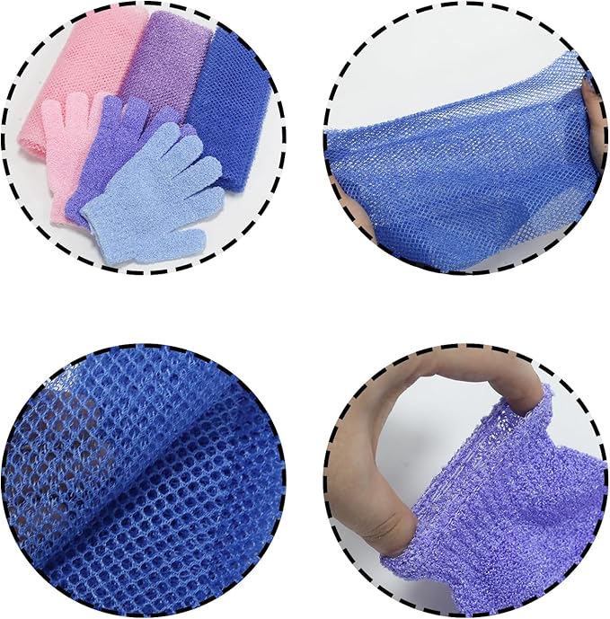 6 Pack African Net Sponge Exfoliating Glove Set, 3 Pairs Shower Gloves and 3 Long Net Body Scrubber Back Scrubber for Deep Cleansing & Smooth Skin