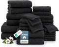 100% Mercerized Cotton Bath Towels Set of 24 - 2 Bath Sheets, 2 Bath, 2 Gym Towel, 4 Fingertip, 6 Hand, 8 Washcloths, Gentle on Body, Luxury Softness for Daily Living, Perfect for Everyday Use – Black