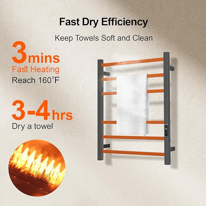 Electric Heated Towel Warmer - Wall Mounted Bathroom Towel Rack, Plug-in Design & Brushed Stainless Steel Finish Gunmetal with Timer & Temperature Control 6 Bar