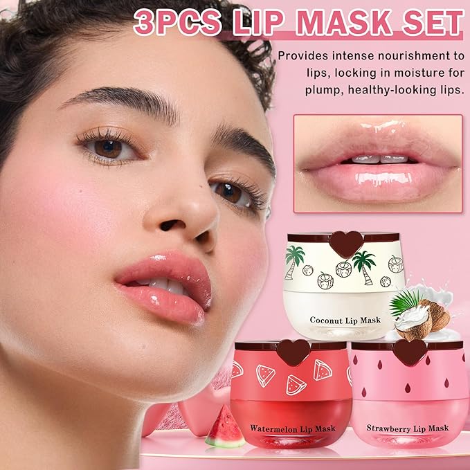 Honey Pot Lip Balm,3PCS Coconut Watermelon Strawberry Lip Balm,Moisturizing and Repair Bee Lip Balm Honey Pot,Prevention Dry and Crack Lip Mask Overnight