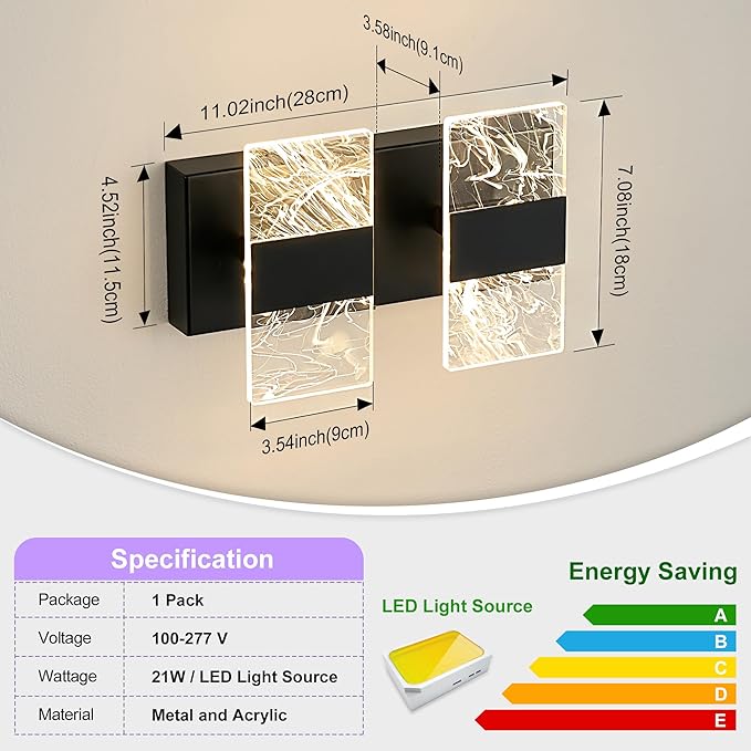 Modern LED Bathroom Light Fixtures Dimmable 2-Light Black Vanity Light, 5CCT Adjustable Lighting Fixture Vanity Lights Over Mirror, Smoked Acrylic LED Vanity Lights for Bathroom