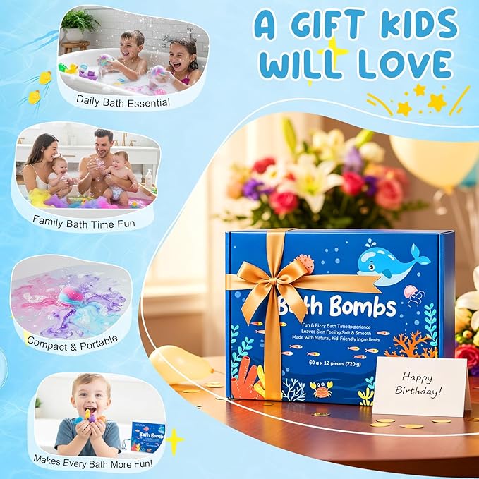 12 PCS Natural Bath Bombs with Toys Inside, Upgrade Fizzy Bubble Bath Gift Set with 12 Different Fragrances, Ocean Theme Bath Fizzies, Natural Sea Salt Color Changing Spa Easter Bath Balls