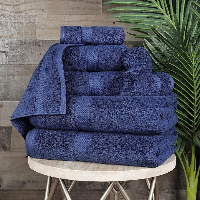 SUPERIOR Egyptian Cotton Pile 8 Piece Towel Set, Includes 2 Bath, 2 Hand, 4 Face Towels/Washcloths, Ultra Soft Luxury Towels, Thick Plush Essentials, Guest Bath, Spa, Hotel Bathroom, Navy Blue
