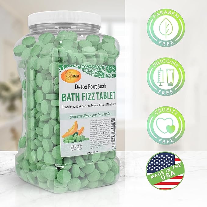 SPA REDI - Detox Foot Soak Fizz Tablets for Pedicure, Cucumber and Melon, 950 Count - Foot Bath with Tea Tree Oil, Aromatherapeutic, Draws Impurities, Softens, Replenishes and Moisturizes