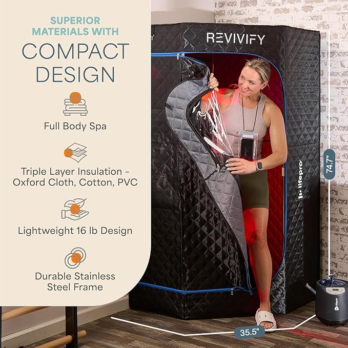 LifePro Revivify Deluxe Sauna with Red Light Therapy – Full Body Steam Room with 2.6L Steamer, Adjustable Heat Levels & Essential Oils – Easy-to-Use Portable Infrared Sauna for Home