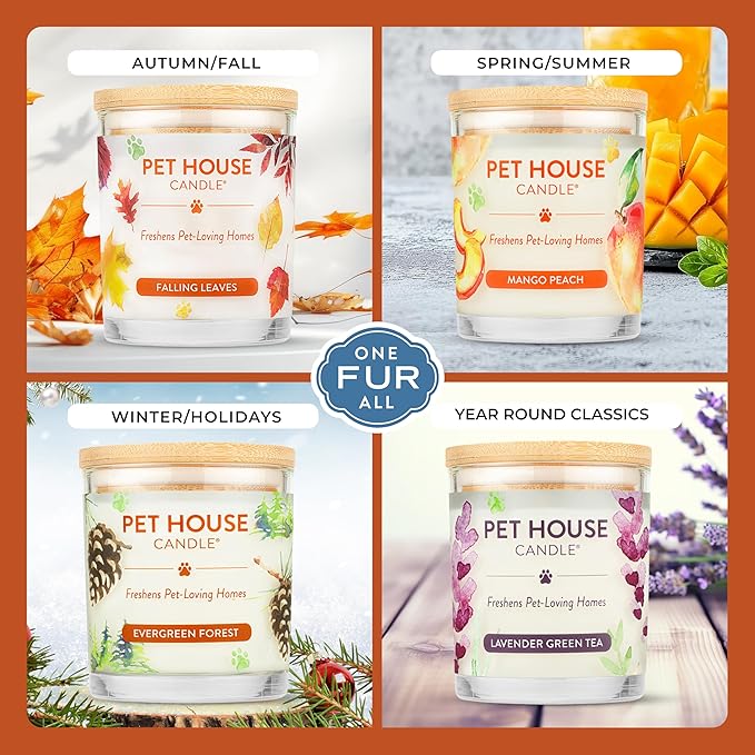 One Fur All Pet House Candle 2 Pack - Plant-Based/Soy - Clean Burning Scented, Long Lasting Pet Odor Candle for Home - Vanilla Sandalwood