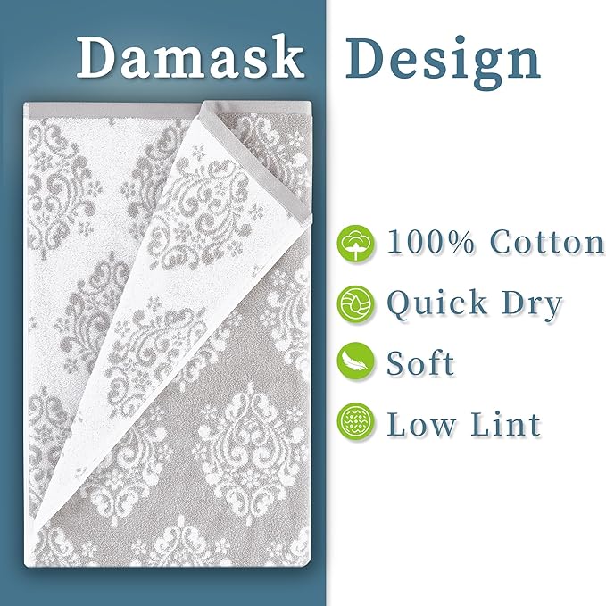 Towels for Bathroom - 100% Cotton | Soft | Quick Dry | Light Weight | Absorbent, 4 Hand 16"x27", 2 Bath 28"x52", Towel Set of 6, Grey Towels Bathroom Sets, Gray Damask Patterned Towels, Gray and White