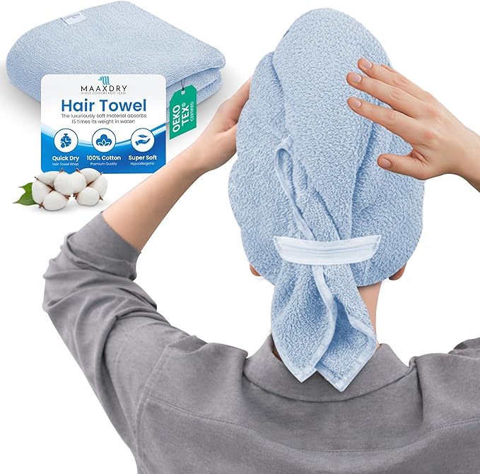 100% Cotton Hair Towel Wrap for Women, Men & Kids – Non-Microfiber 450 GSM Thick Super Absorbent Hair Towel 26x40 Inches, Secure Elastic Hair Wrap for Long & Curly Hair (Blue)