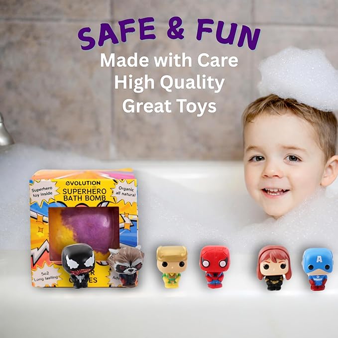 EvolutionUSA 1pc Red Epic Superhero Bath Bombs for Kids – Super Hero Bath Bomb with Toy Inside, Lush Children Bathbomb Easter, Organic Bathbomb with Surprise Inside, Superhero Bath Fizzer Valentines