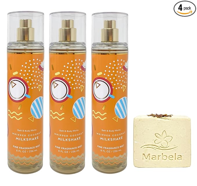 Bath & Body Works Whipped Coconut Milkshake 3 Pack Fragrance Mist Bundle with a Creamy Rose Bar Soap - Full Size