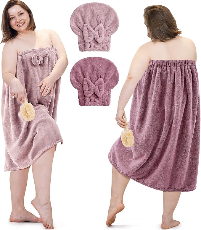 Xtinmee 2 Sets Plus Size Womens Wrap Towel with Hair Towel Bath Wrap Shower Dress Spa Bathrobe for Women's Bathrobe (Purple, Lotus Pink)