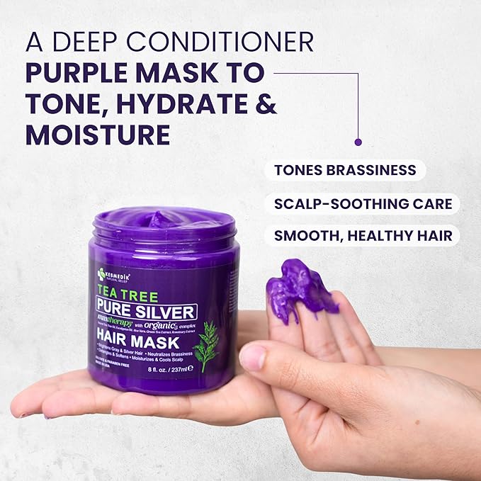 KESMEDIK Tea Tree Purple Hair Mask Toner with Argan Oil, Deep Conditioner for Dry Damaged Bleached, Blonde Silver White & Gray Hair Toner, Itchy Scalp Relief, Removes Brassy & Yellow Tones | Hydrating Hair Mask, Deep Conditioner, Hair Brightening, Gray...