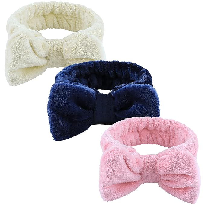 WSYUB 3Pcs Spa Headband, Makeup Headband for Washing Face, Bow Headbands for Women, Fluffy Skincare Headbands Microfiber Bow Knot Hair Band, Easter Basket Stuffers