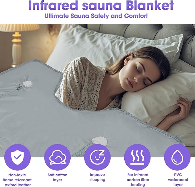 Natural Jade and Tourmaline Heat Sauna Blanket Infrared Zipper Oxford Cloth Upgraded Version Professional Detox & Heat Therapy Blanket with Remote (US 110V,71×32 Inches)