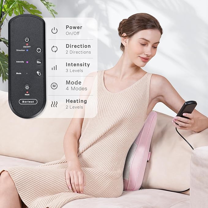 Boriwat Back Massager with Heat, Neck Massager for Pain Relief Deep Tissue, 3D Kneading Massage Pillow for Back, Neck, Shoulder, Legs - Pink