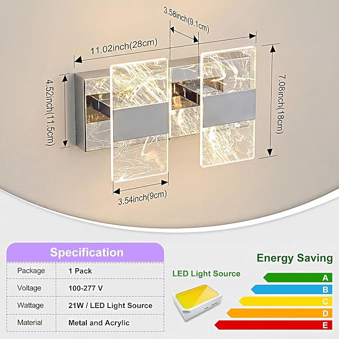 Modern LED Bathroom Light Fixtures Dimmable 2-Light Chrome Vanity Light, 5CCT Adjustable Lighting Fixture Vanity Lights Over Mirror, Smoked Acrylic LED Vanity Lights for Bathroom