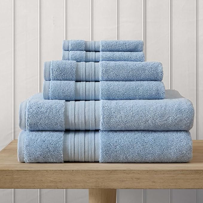 Martha Stewart - Bath Towels, Soft & Absorbent 100% Cotton Towels, Plush 700 GSM, 6-Piece Bathroom Towel Set with Textured Dobby Weave (Skyland Manor Blue)