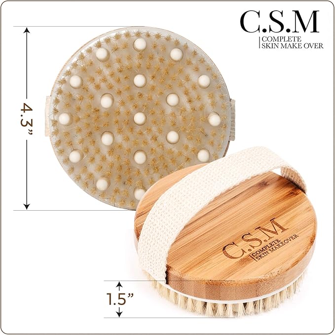 CSM Dry Brushing Body Brush for Lymphatic Drainage - Natural Boar Bristle Exfoliating Brush Set with Face Brush for Cellulite, Circulation & Glowing Skin
