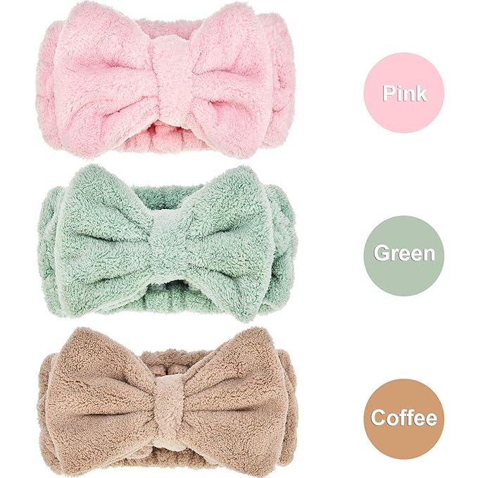 3 Pieces Towel Headbands for Women Makeup Headband for Washing Face Makeup Spa Headband, Microfiber Bowtie Shower Headband for Women(Light Pink, Light Green, Light Brown)