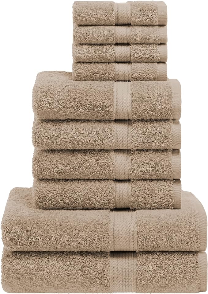 Superior Egyptian Cotton Pile 10 Piece Towel Set, Includes 2 Bath, 4 Hand, 4 Face Towels/ Washcloths, Ultra Soft Luxury Towels, Thick Plush Essentials, Guest Bath, Spa, Hotel Bathroom, Latte
