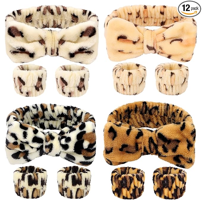 CIEHER 12 PCS Makeup Headband for Women Wrist Washband Scrunchies Cuffs for Washing Face, Soft Leopard Print Spa Headband Matching Wristbands