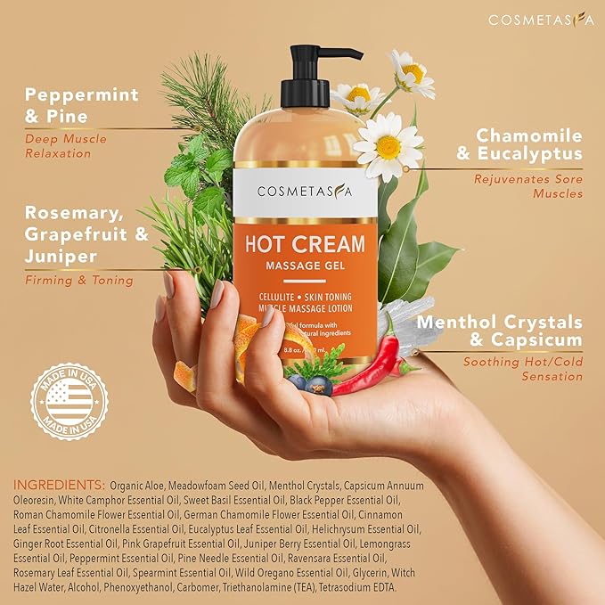 Cosmetasa Hot Belly Cream- 87% Organic Cellulite Cream - Natural Sweat Massage Gel for Stomach, Abdomen, Sore Joints, Muscles, Workout (8.8 oz)