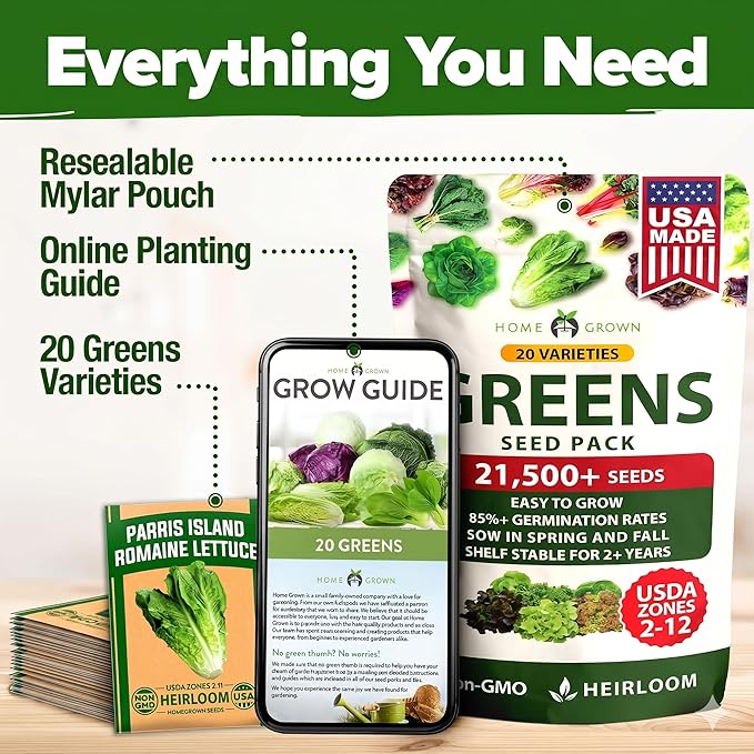 HOME GROWN 20 Variety Lettuce Seeds 21,700+ Bulk Pack Heirloom Non-GMO, High Germination, Romaine,Butterhead, Spinach, Kale, Iceberg, Continuous Harvest,Indoor Outdoor Hydroponic Garden (20 Varieties)