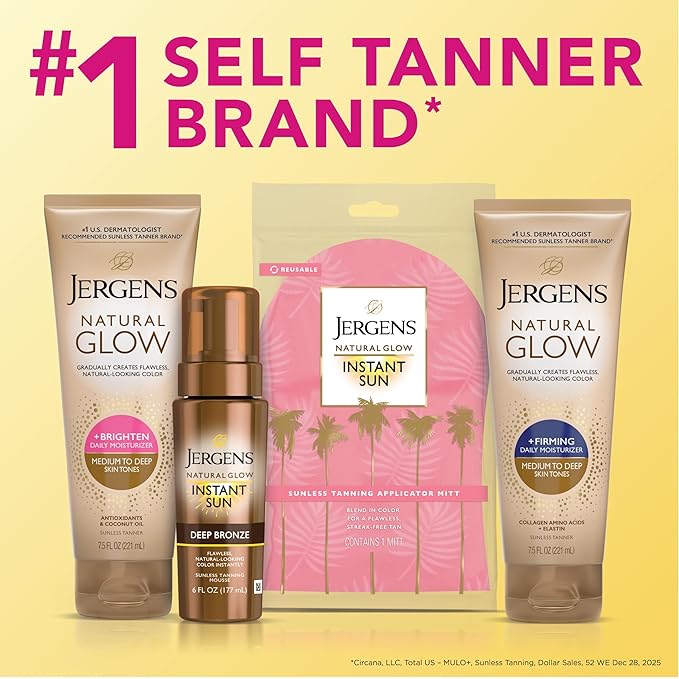 Jergens Natural Glow Self Tanner Body Lotion, Daily Sunless Tanning, Medium to Deep Skin Tone, Daily Moisturizer with Coconut Oil, Vitamin E and Antioxidants, 7.5 Oz, Pack of 2