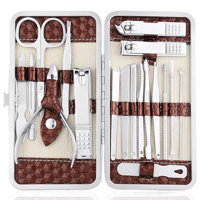 Nail Clippers Set 18 Pieces Stainless Steel Manicure Kit, Professional Grooming Kits, Nail Care Tools with Luxurious Travel Case