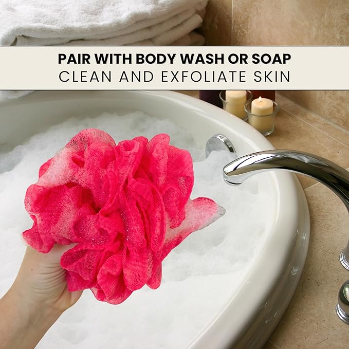 Pink Bath Sponge Pack of 3 – Large Exfoliation Loofahs with Suction Cup for Easy Drying, 70G Mesh Poufs for All Skin Types, Lather for Daily Use