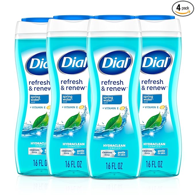 Dial Body Wash, Refresh & Renew Spring Water, 16 Fl Oz (Pack of 4), Hydraclean Complex & Vitamin E, Gentle, Leaves Skin Feeling Nourished, Dermatologist-Tested, No Parabens & Sulfates