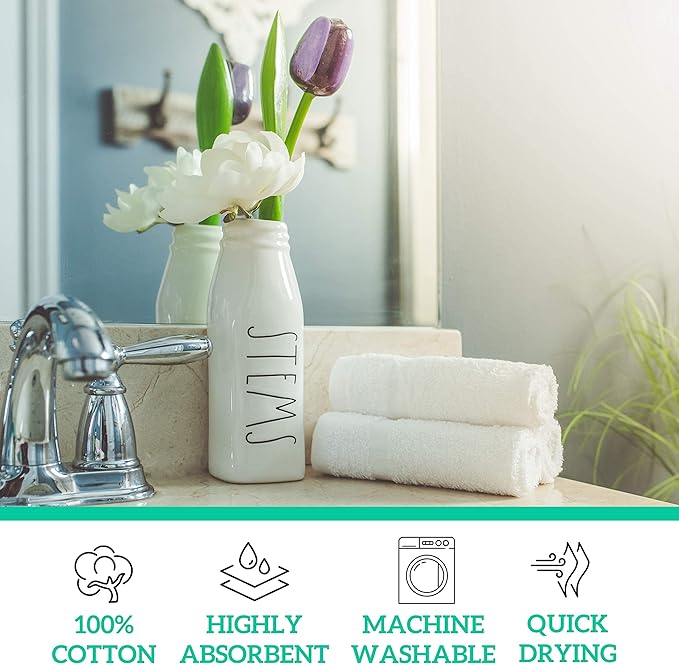 GREEN LIFESTYLE Washcloths 12" x 12" 40 Pack - 100% Cotton Wash Cloths, Soft Absorbent Face Towels, Bulk Washcloths for Body, Bathroom, Shower and Daily Use (White)