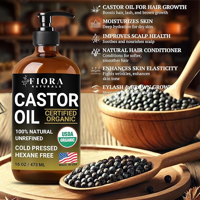Organic Castor Oil in Glass Bottle – 16 Oz Cold Pressed & Hexane-Free – USDA Certified – Skin Moisturizer, Hair Growth Oil For Lashes, Brows, Skin & Scalp – with Pump