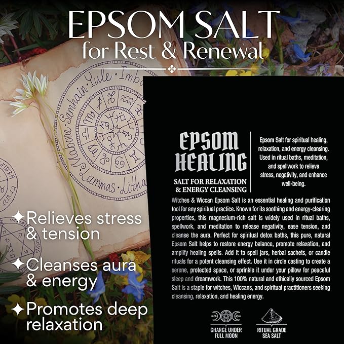 Epsom Salt for Healing, Relaxation & Energy Cleansing – Natural Magnesium-Rich Bath Salt Ideal for Meditation, Spellwork & Ritual Baths – 5 Oz Bag, Witches & Wiccan