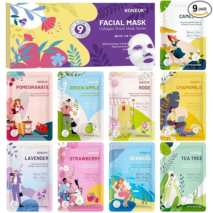 KONEUK 9 Pack Hydrating Face Masks Skincare, Bulk Sheet Face Mask for Dry Skin, Collagen Facial Masks Spa Gifts for Women Skin Care, Mothers Day Gifts for Mom, Teacher Gifts and Nurse Gifts