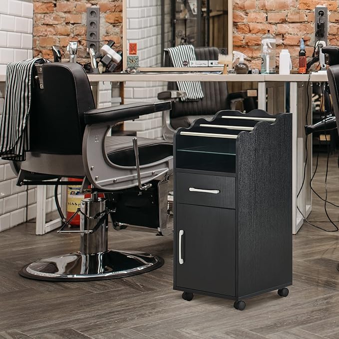 BarberPub Salon Cart with Storage Cabinet with with Drawers Engineered Wood, Rolling Salon Cart for Hair Stylist, Barber Trolley with Wheels, Beauty Organizer 2013 (Black)
